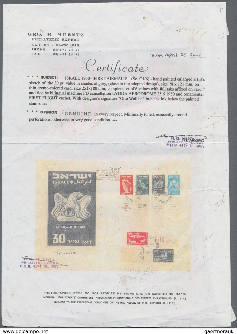 Israel: 1950 AIR: Hand-painted Enlarged Artist's Sketch Of The 30 Pr. Value In Shade Of Grey, (close - Briefe U. Dokumente