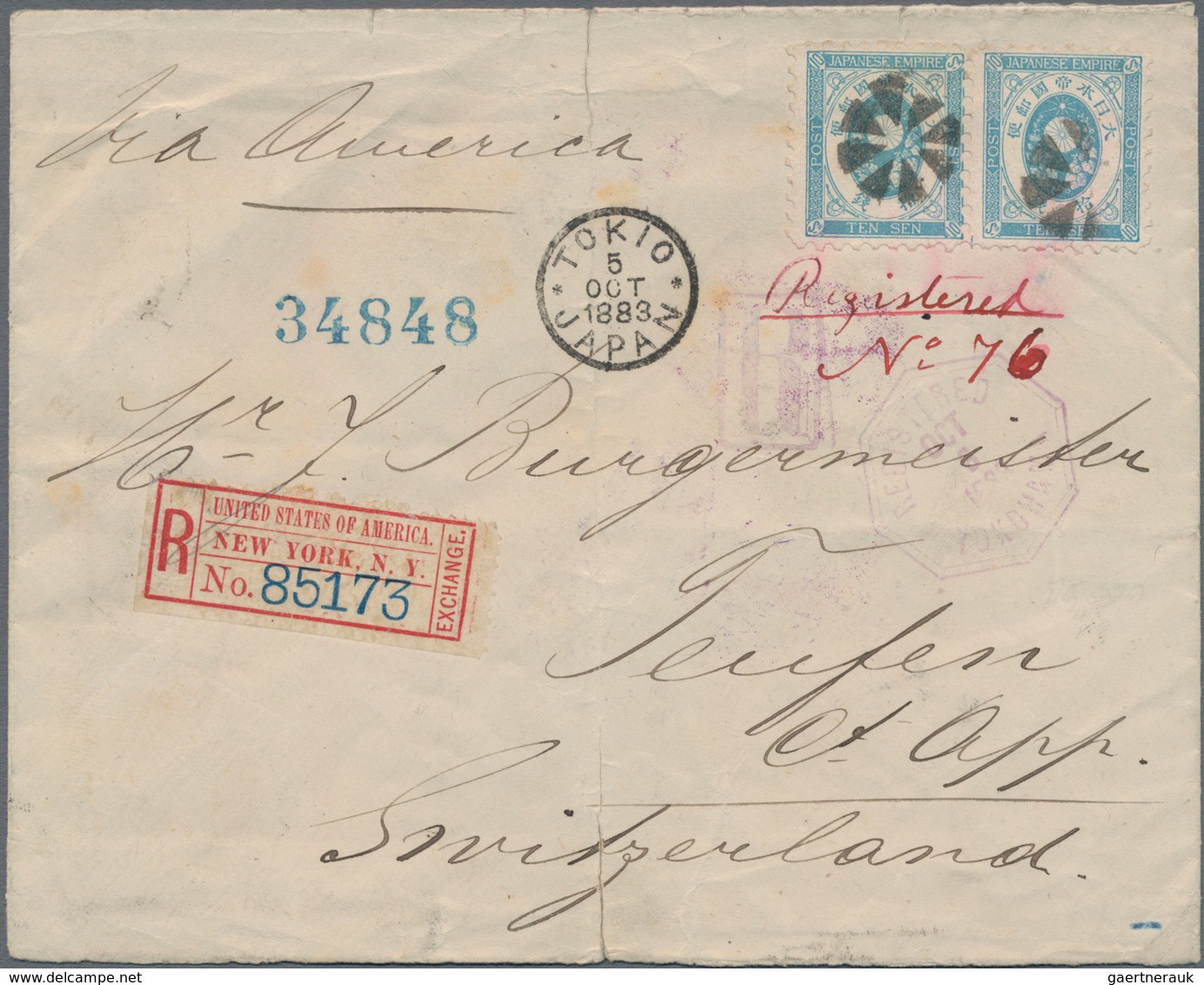 Japan: 1877, Koban 10 S. Blue, A Horizontal Pair Canc. Black Flowers Of Tokyo On Registered Cover Wi - Andere & Zonder Classificatie