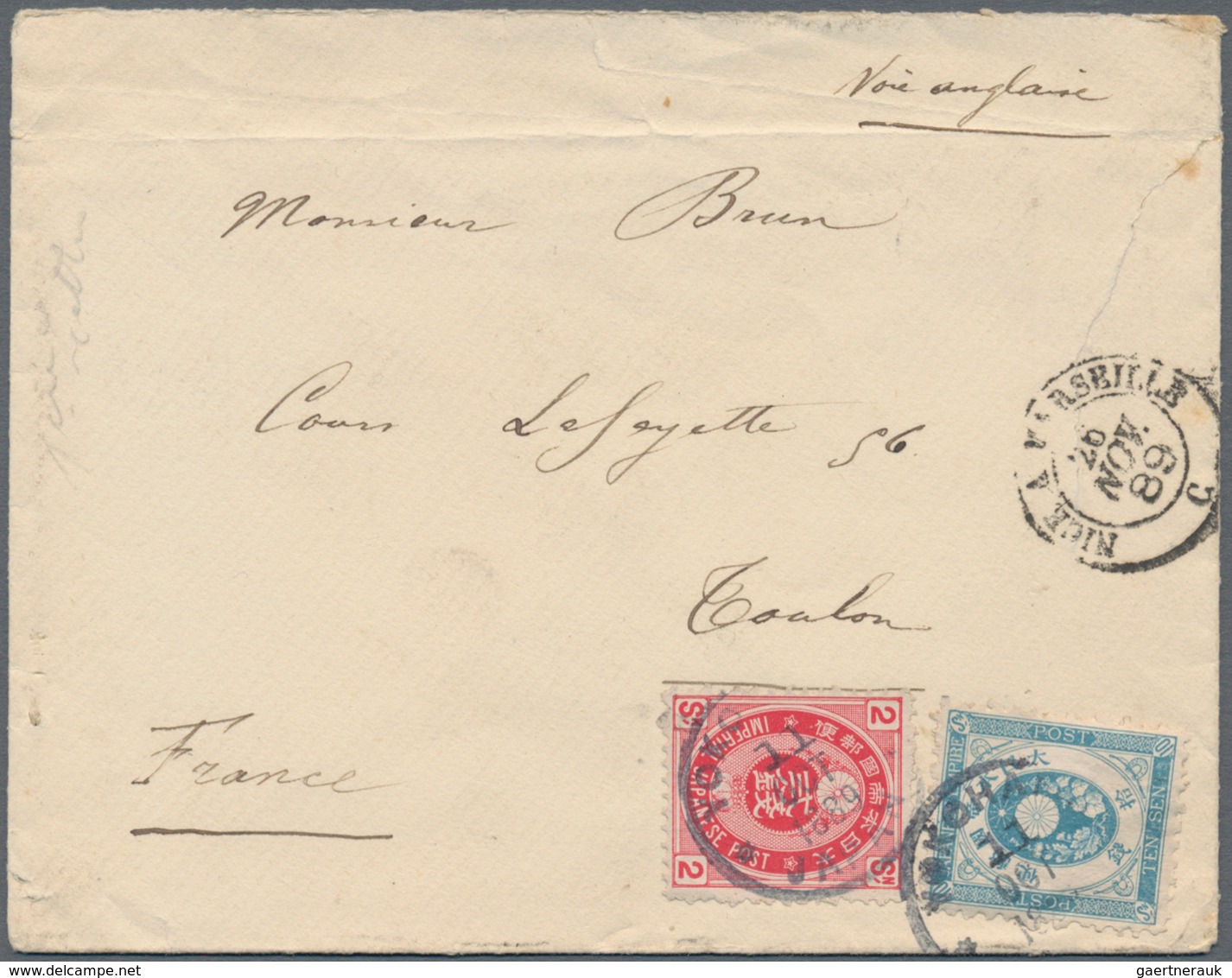 Japan: 1877/83, Koban 10 S. Blue And UPU Koban 2 S. Red Tied "YOKOHAMA 11 OCT 1889" To Small Size Co - Other & Unclassified