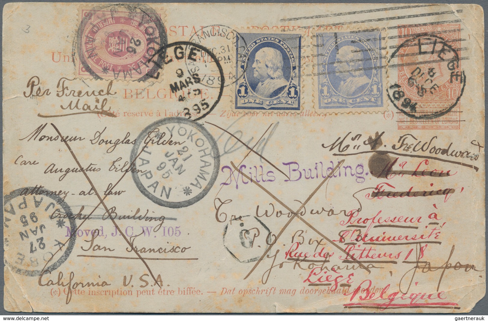 Japan: 1892, New Koban 3 Sen Tied "YOKOHAMA 26 JAN 95" On Wwstbound Round-the World Card Belgium (Li - Other & Unclassified