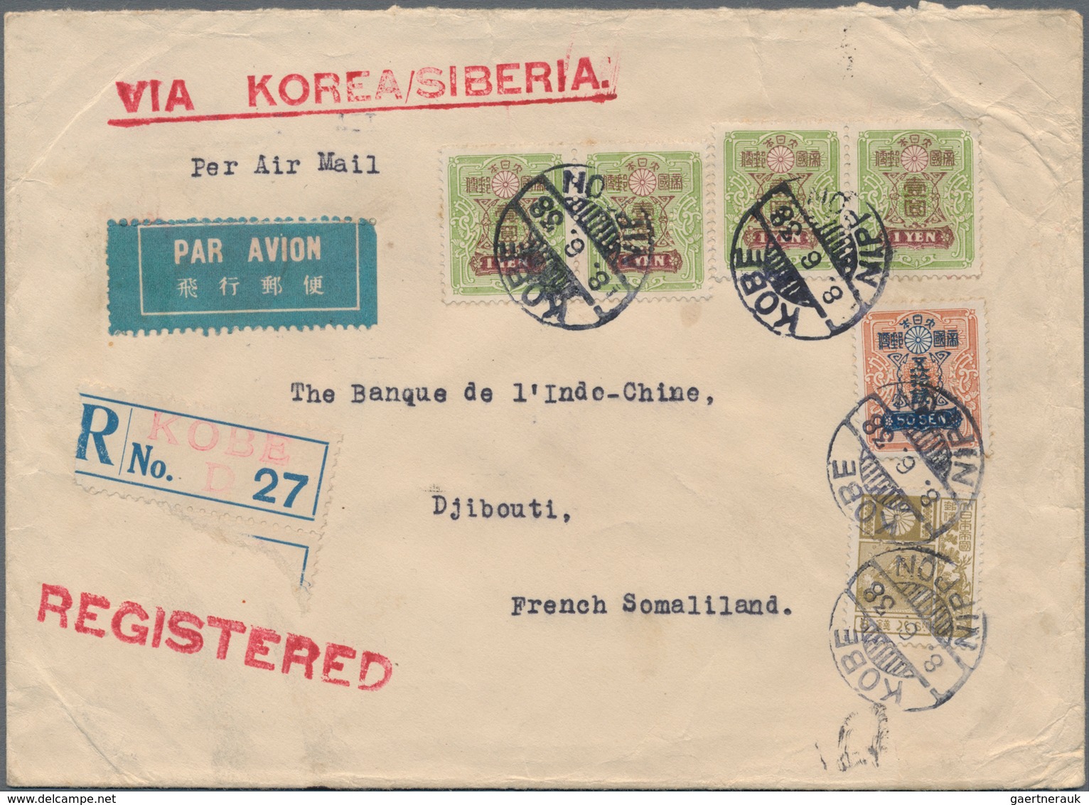 Japan: 1937, White Paper 1 Y. (4), 50 S., 8 S. Tied "KOBE 8.6.38" To Registered Air Mail Cover To Dj - Sonstige & Ohne Zuordnung