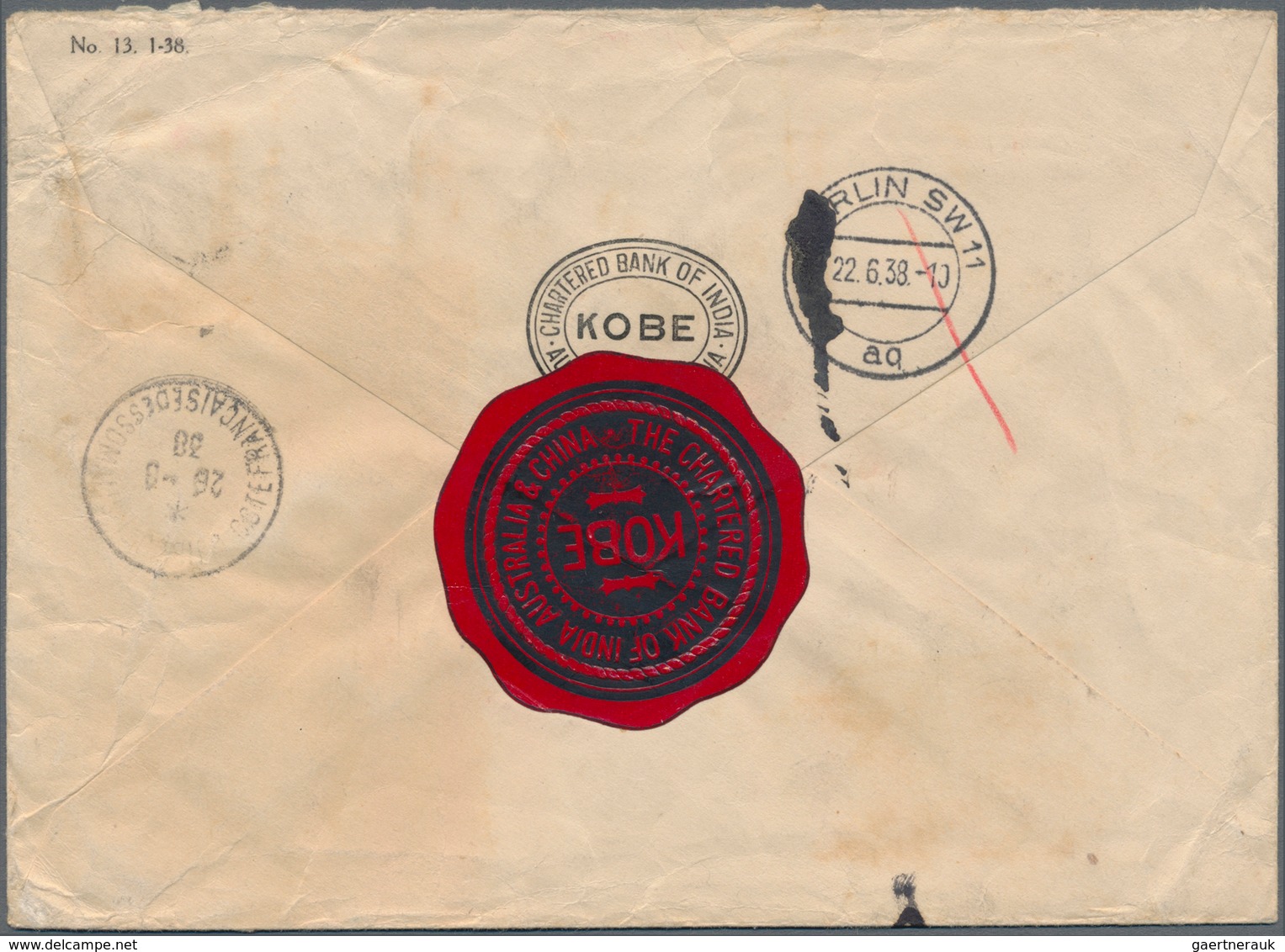 Japan: 1937, White Paper 1 Y. (4), 50 S., 8 S. Tied "KOBE 8.6.38" To Registered Air Mail Cover To Dj - Sonstige & Ohne Zuordnung