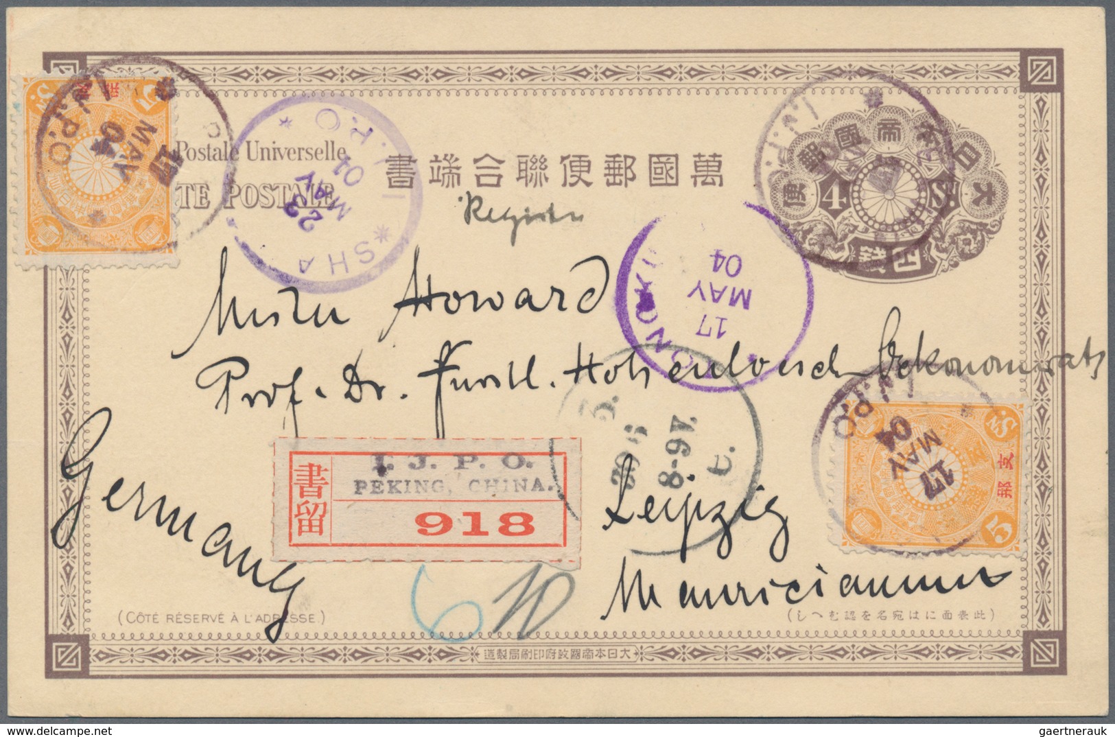 Japanische Post In China: 1900, Stationery Card 4 S. Uprated Offices 5 S. (2) Canc. "(PEKING) I.J.P. - 1943-45 Shanghai & Nanking