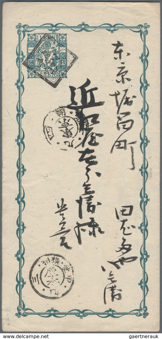 Japan - Ganzsachen: 1874, Folded Card 1 Sen Blue Syll. "ka" Canc. Early Irregular Type Boxed "ken" O - Postkaarten