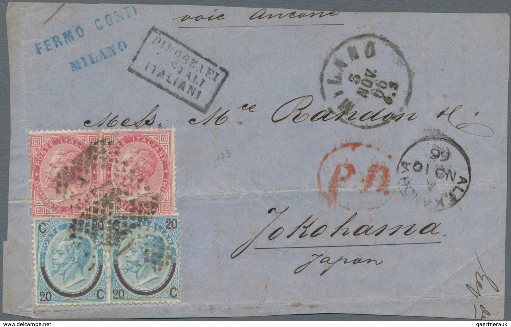 Japan - Besonderheiten: Incoming Mail, 1866, Italy, 20 C./25 C. (2) And 40 C. Red Pair Tied Large Do - Andere & Zonder Classificatie