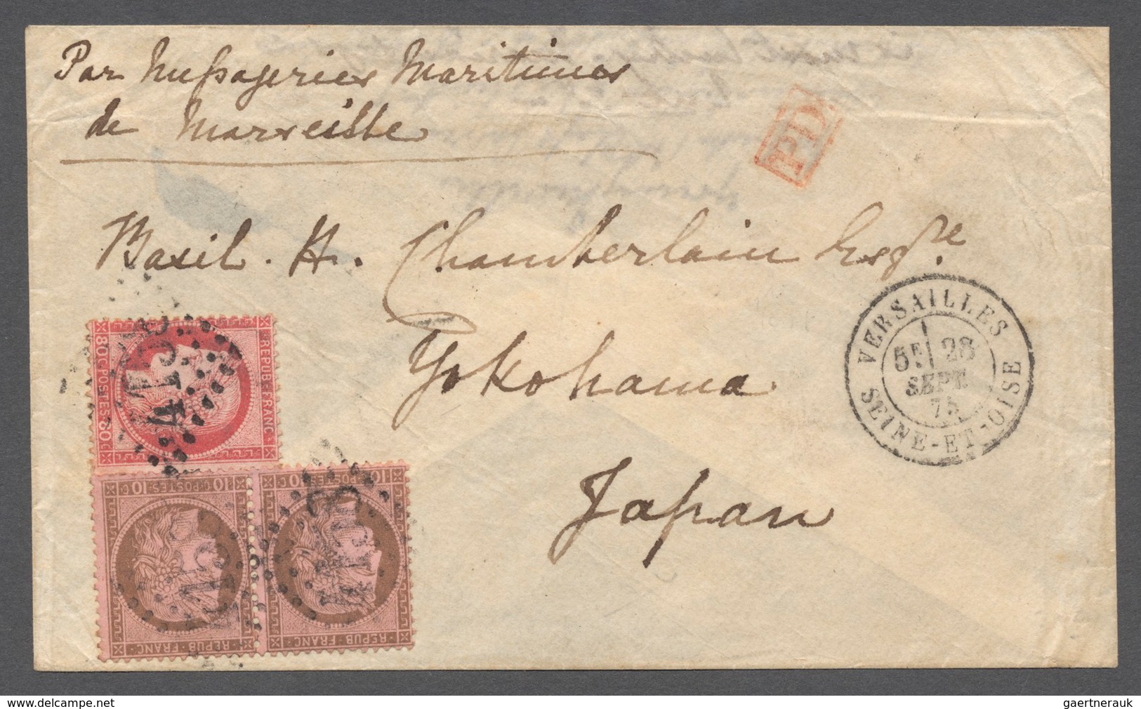 Japan - Besonderheiten: 1875, France, 10 C. (pair), 80 C. Canc. „4158” From „VERSAILLES 23 SEPT 75” - Andere & Zonder Classificatie