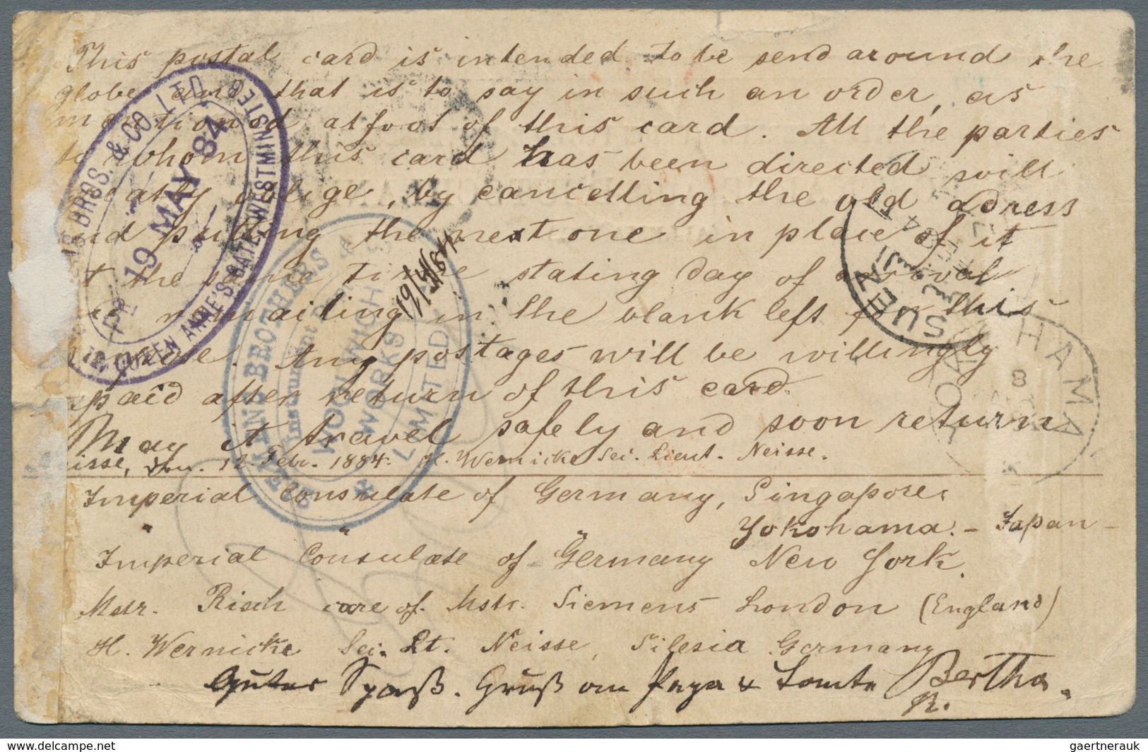 Japan - Besonderheiten: 1884, Round-the-world-card From "NEISSE 12 2 84" With Transits Of Alexandria - Other & Unclassified