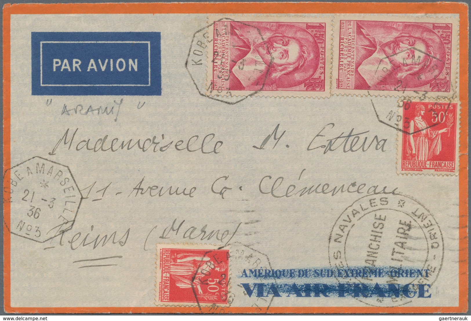 Japan - Besonderheiten: 1936, "KOBE A MARSEILLE 21-3 1936 No. 3", Four Strikes On Air Mail Cover Wit - Andere & Zonder Classificatie