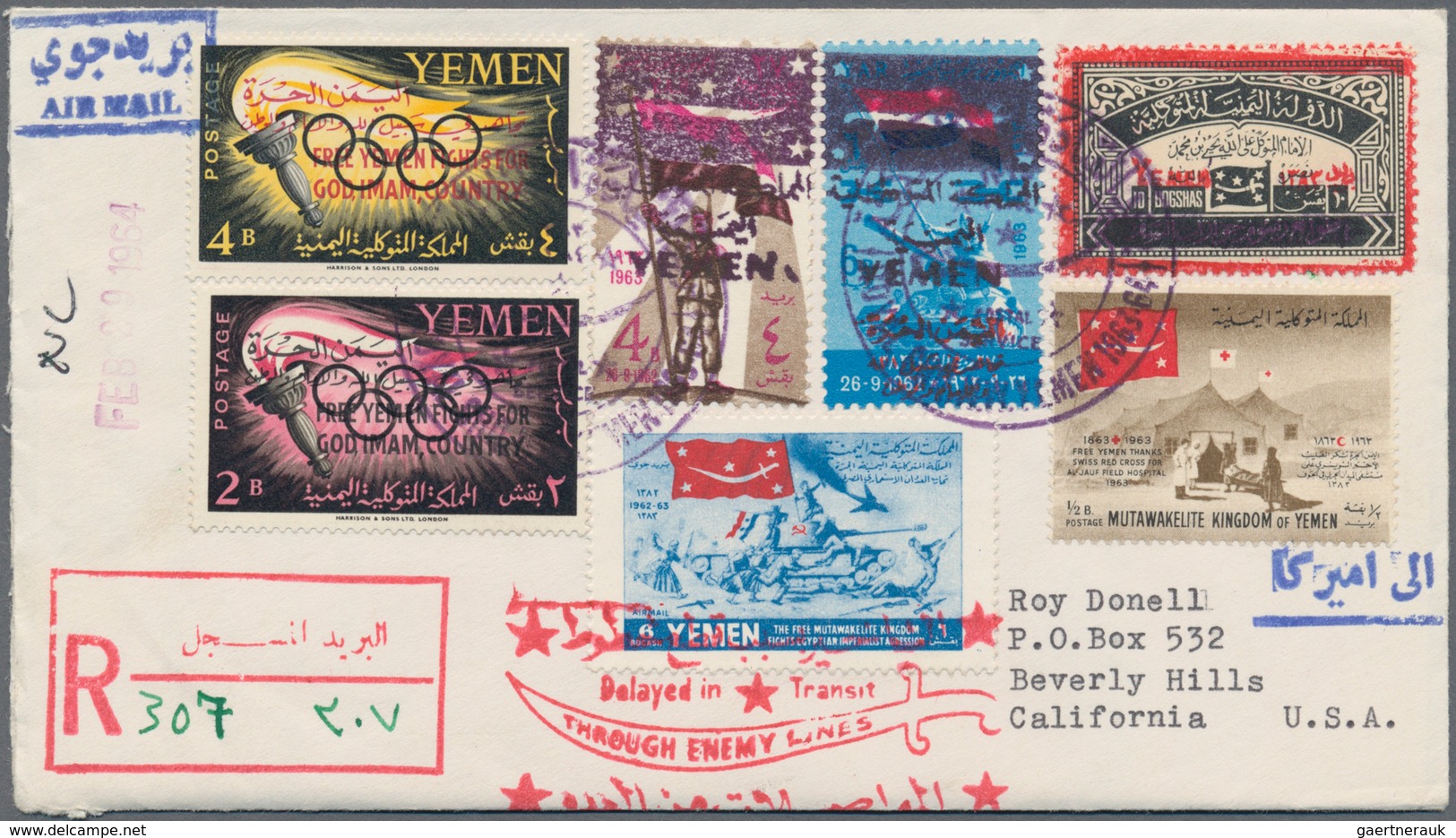 Jemen - Königreich: 1964, Red "YEMEN" Overprint On 10b. Official Stamp In Combination With 4b. And 6 - Jemen