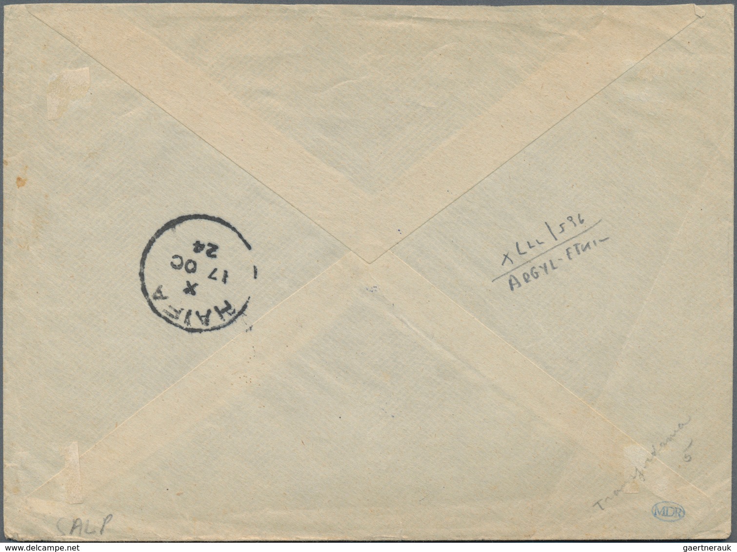 Jordanien: 1924, "AMMAN DISTRICT 16/OCT 1924 MARKAZ AMMAN" Blue Cds. On Envelope Bearing 1 1/2 Pi. V - Jordanië