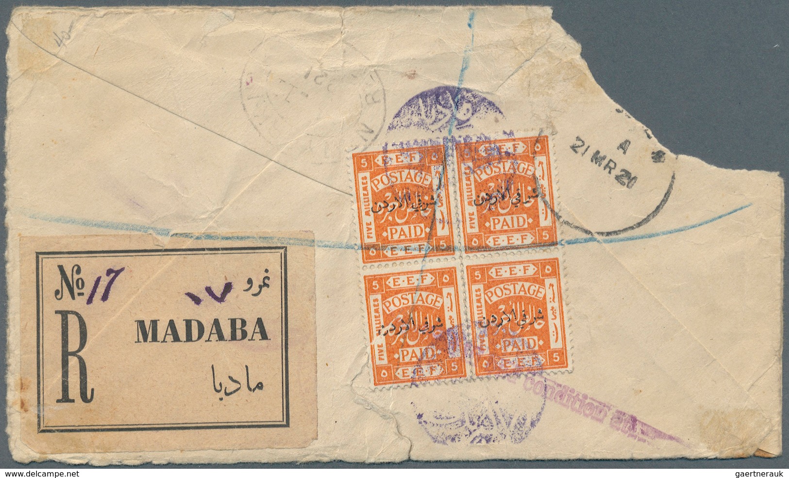 Jordanien: MADABA (type D1): 1925 (9.12.), Cut Down Cover Bearing Four Optd. Palestine Stamps Used W - Jordanien