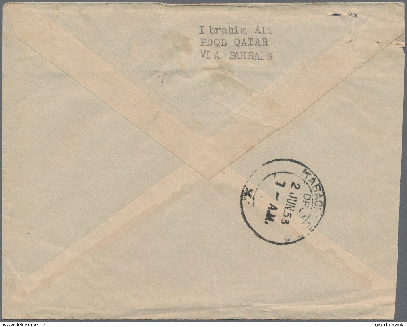 Katar / Qatar: 1953 Envelope (faults) From Qatar, 1950/55, KGVI 1/2 A. On 1d Pale Orange And 1 A / 1 - Qatar