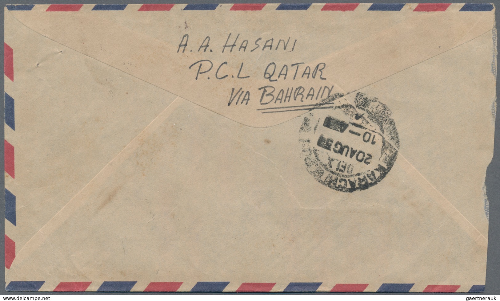 Katar / Qatar: 1954 Envelope From Qatar 1953, QEII 1 A./2 1/2d Blue (6, Strip-4 And Pair) Tied "BAHR - Qatar