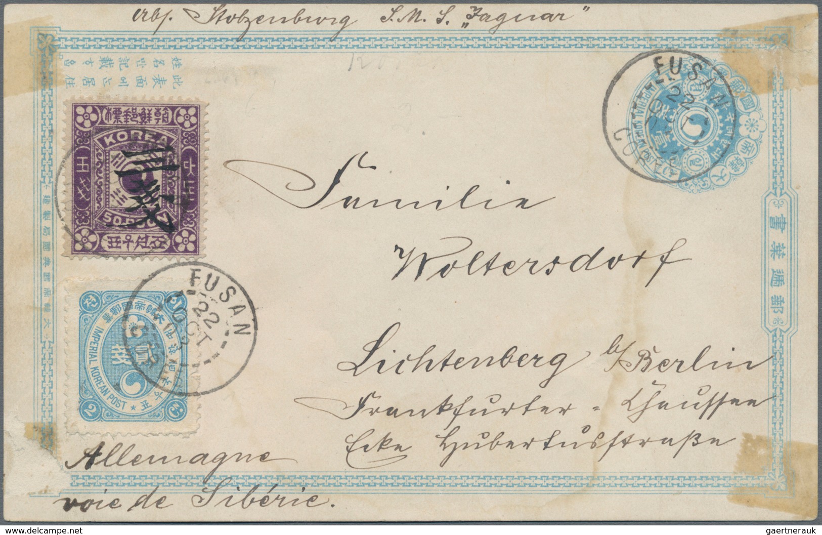 Korea: 1901, Card 1 Ch. Light Blue, "cheonhwan-kuk" Bottom Imprint, Uprated Ewha 2 Ch. And 3 Ch./50 - Korea (...-1945)