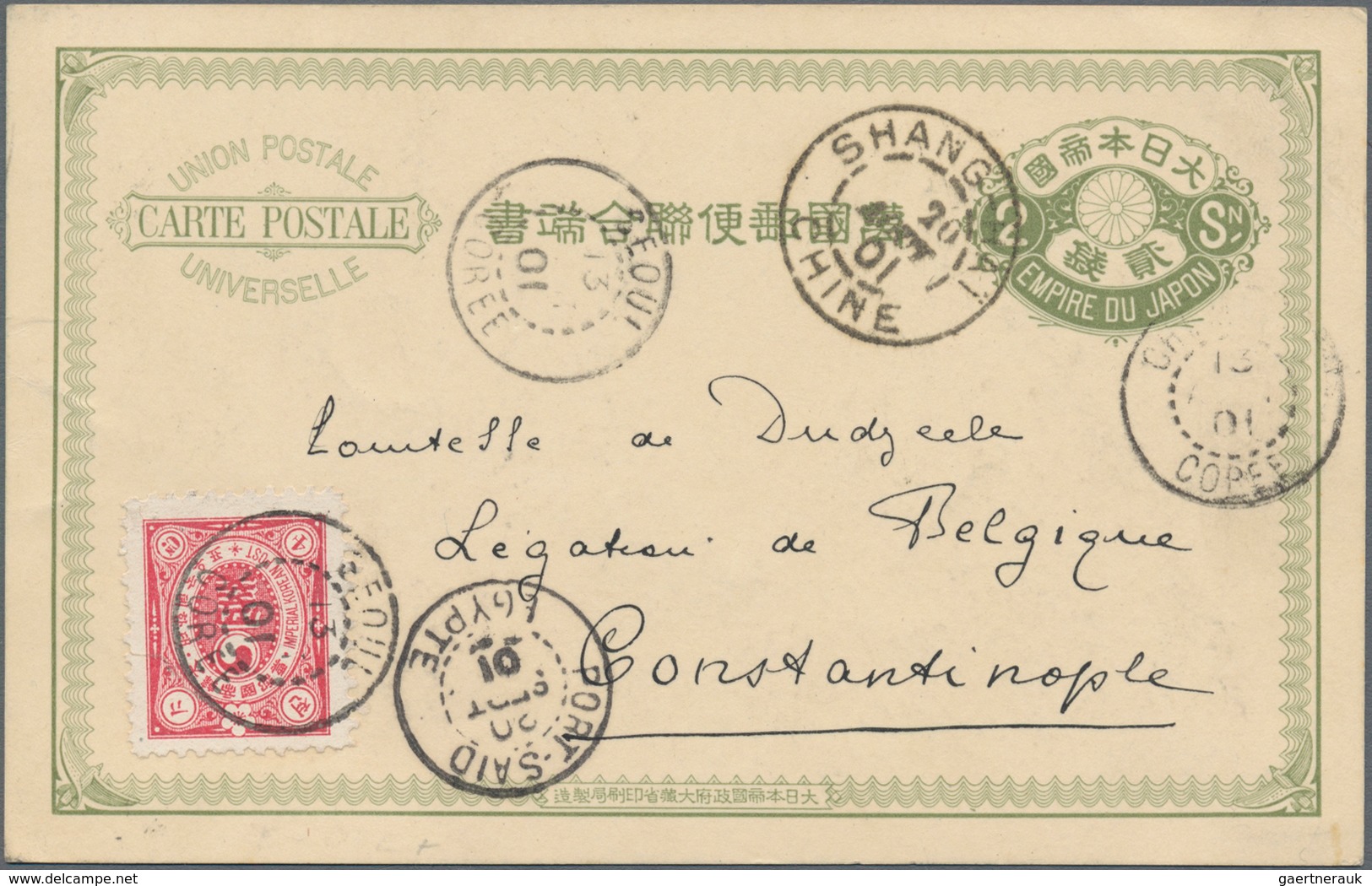 Korea: 1901, Japanese Postal Stationery Card 2 Sn. Olive Green Used In Corea, Tied By "CHEMULPO CORE - Korea (...-1945)