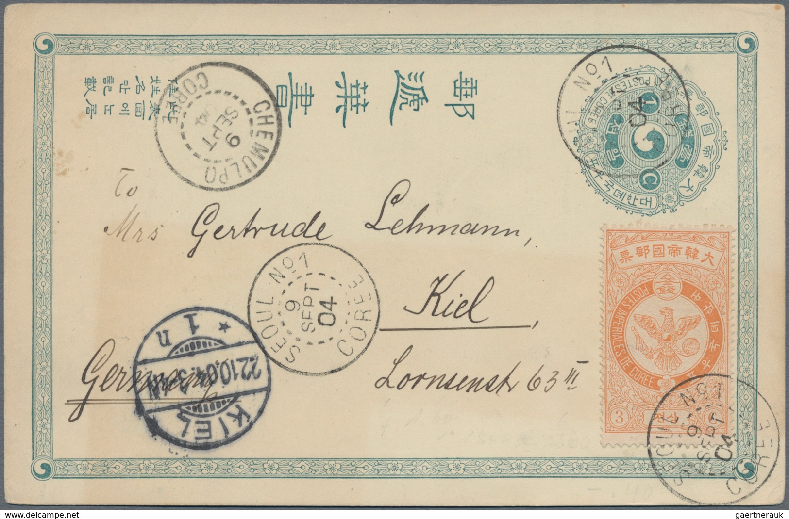 Korea: 1903, Card French Printing 1 C. Green Uprated Falcon 3 Ch. Orange Canc. "SEOUL No. 1 9 SEPT 0 - Korea (...-1945)