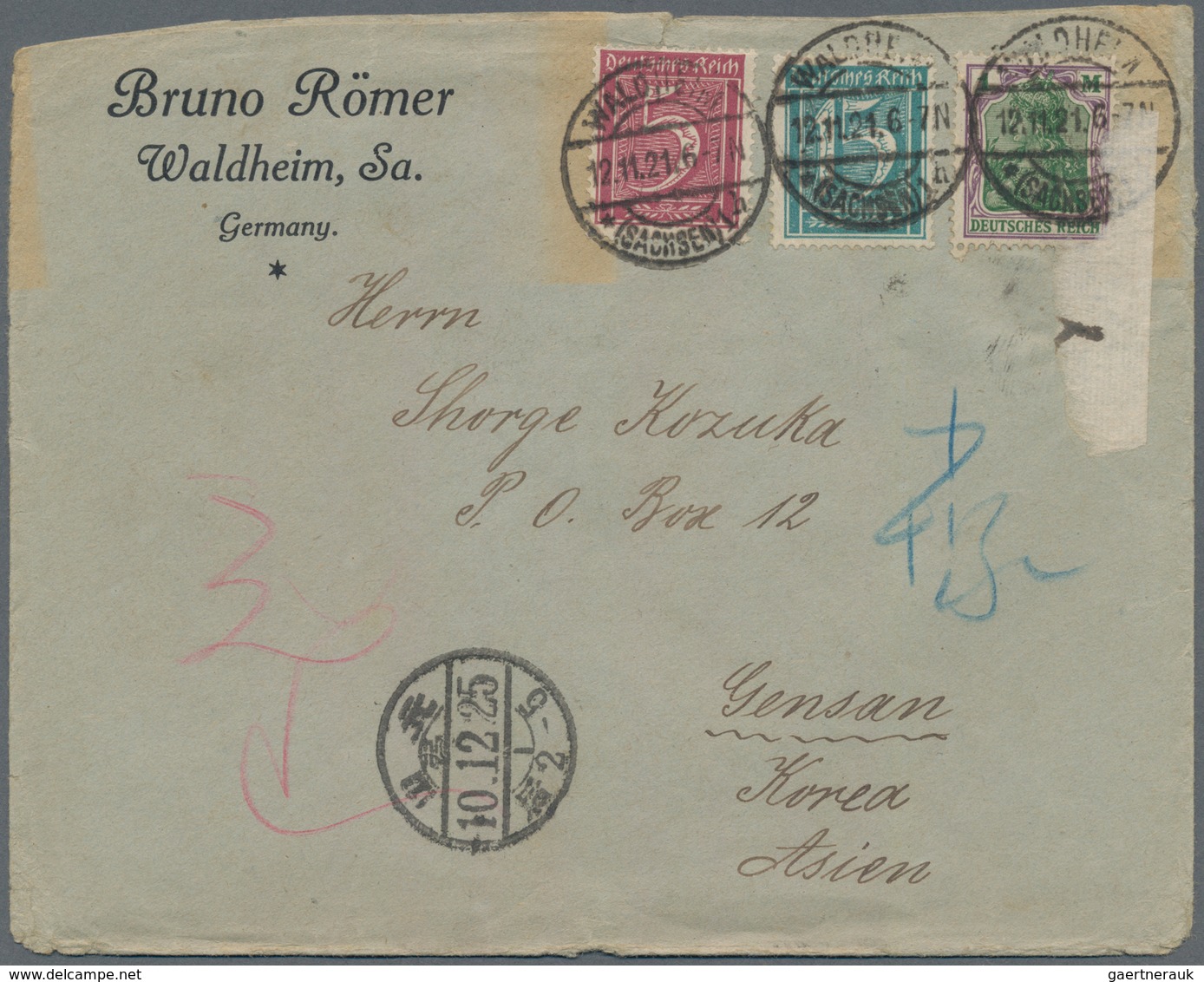 Korea: Incoming Mail, Germany, 1921/25, Four Covers: 1921 To Gensan/Wonsan W. "10.12.25" Arrival; An - Korea (...-1945)