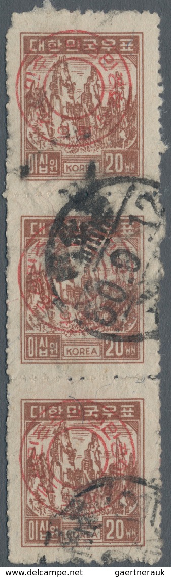 Korea-Nord - Besetzung In Südkorea: 1950, 20 Won Strip Of 3, Overprinted With Red Double Circle Of N - Korea (Noord)
