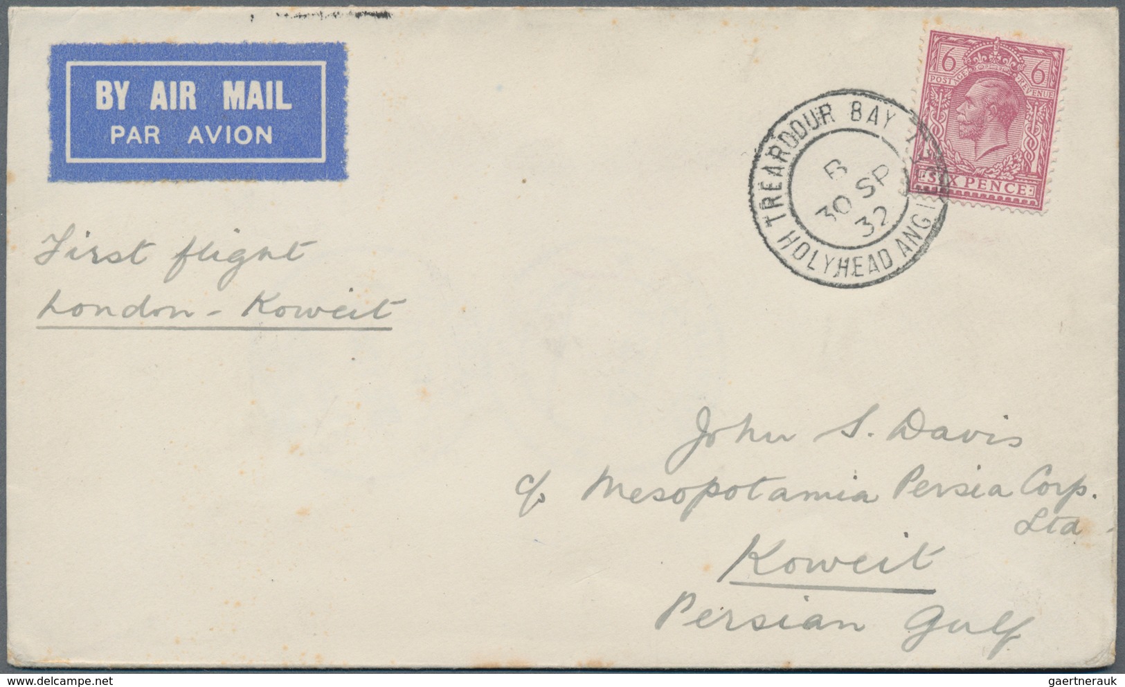 Kuwait: 1932 First Flight London-Kuwait: Airmail Cover From Trearddur Bay, Holy Island To Kuwait Int - Kuwait