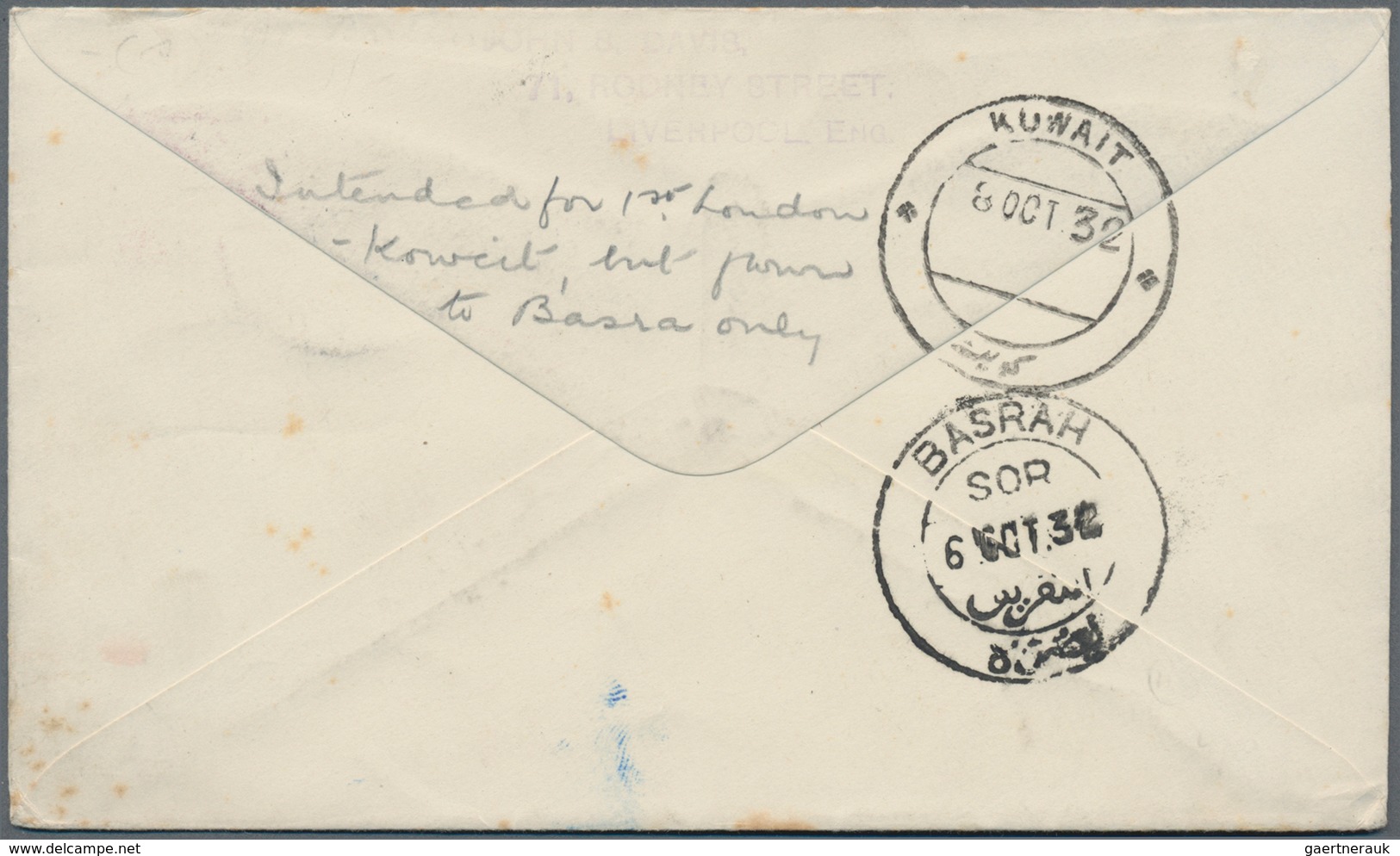 Kuwait: 1932 First Flight London-Kuwait: Airmail Cover From Trearddur Bay, Holy Island To Kuwait Int - Kuwait