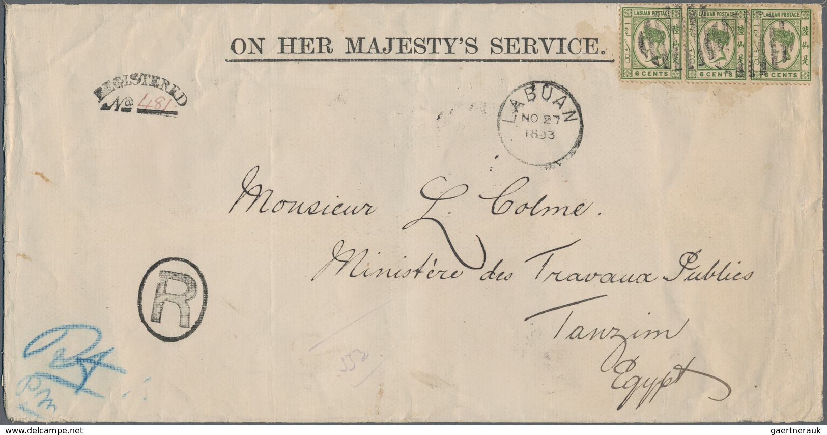 Labuan: 1893 Official 'On H.M.S.' Envelope (254 X 130 Mm) Used Registered From Labuan To EGYPT, Addr - Other & Unclassified