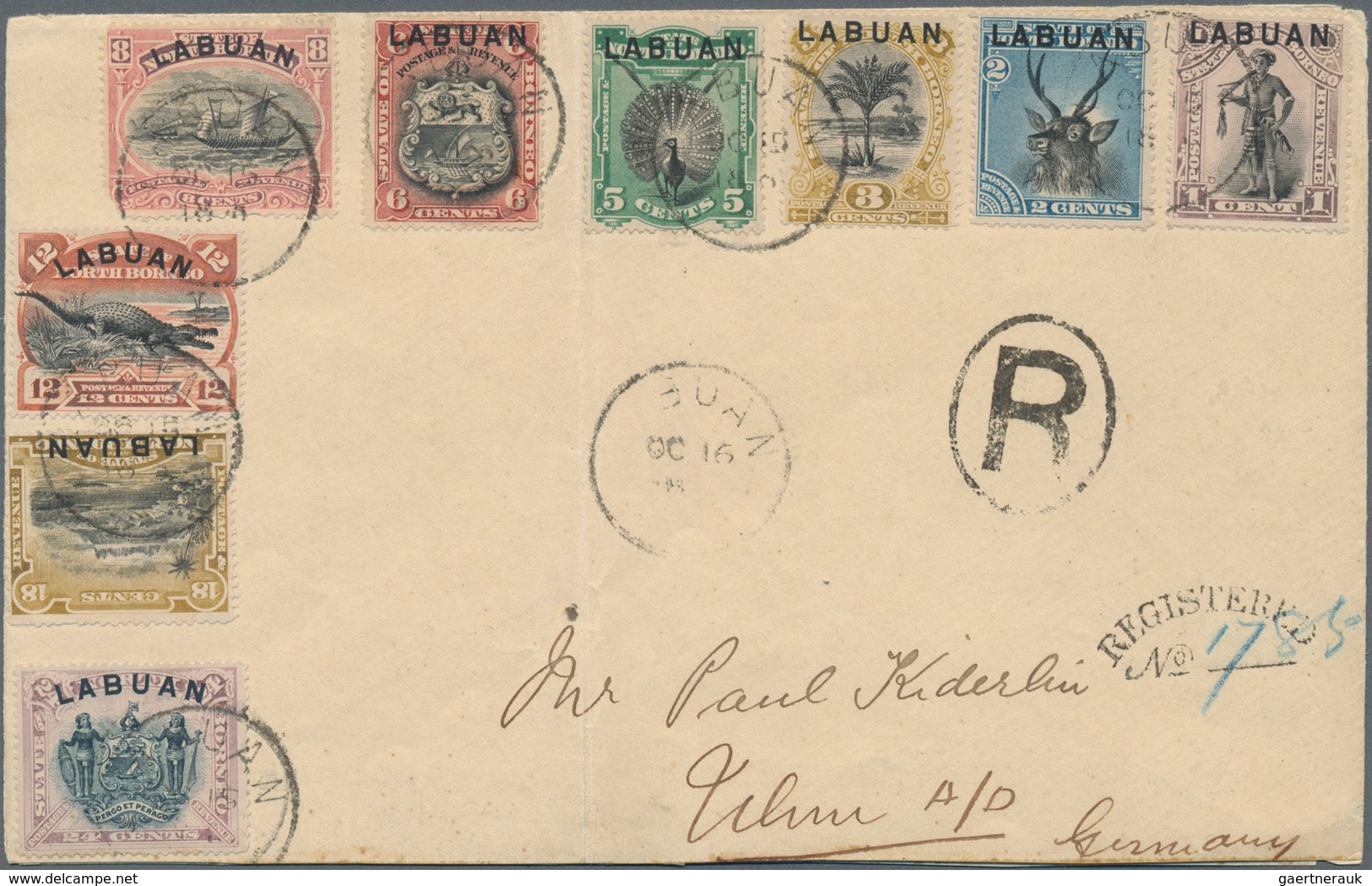 Labuan: 1894-96 Complete Set Of 9 Optd. "LABUAN" Used On Registered Cover To Ulm, Germany Via Italy, - Andere & Zonder Classificatie