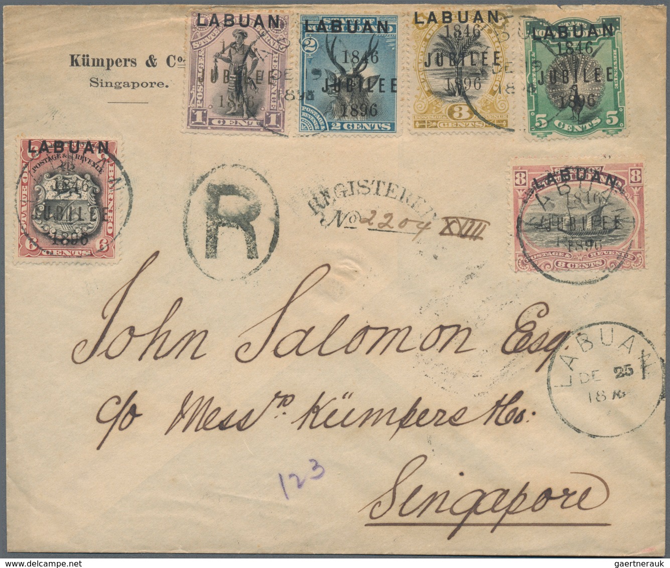 Labuan: 1896 'Jubilee' Complete Set Of Six Used On Registered Cover To Singapore, All Tied By "LABUA - Andere & Zonder Classificatie