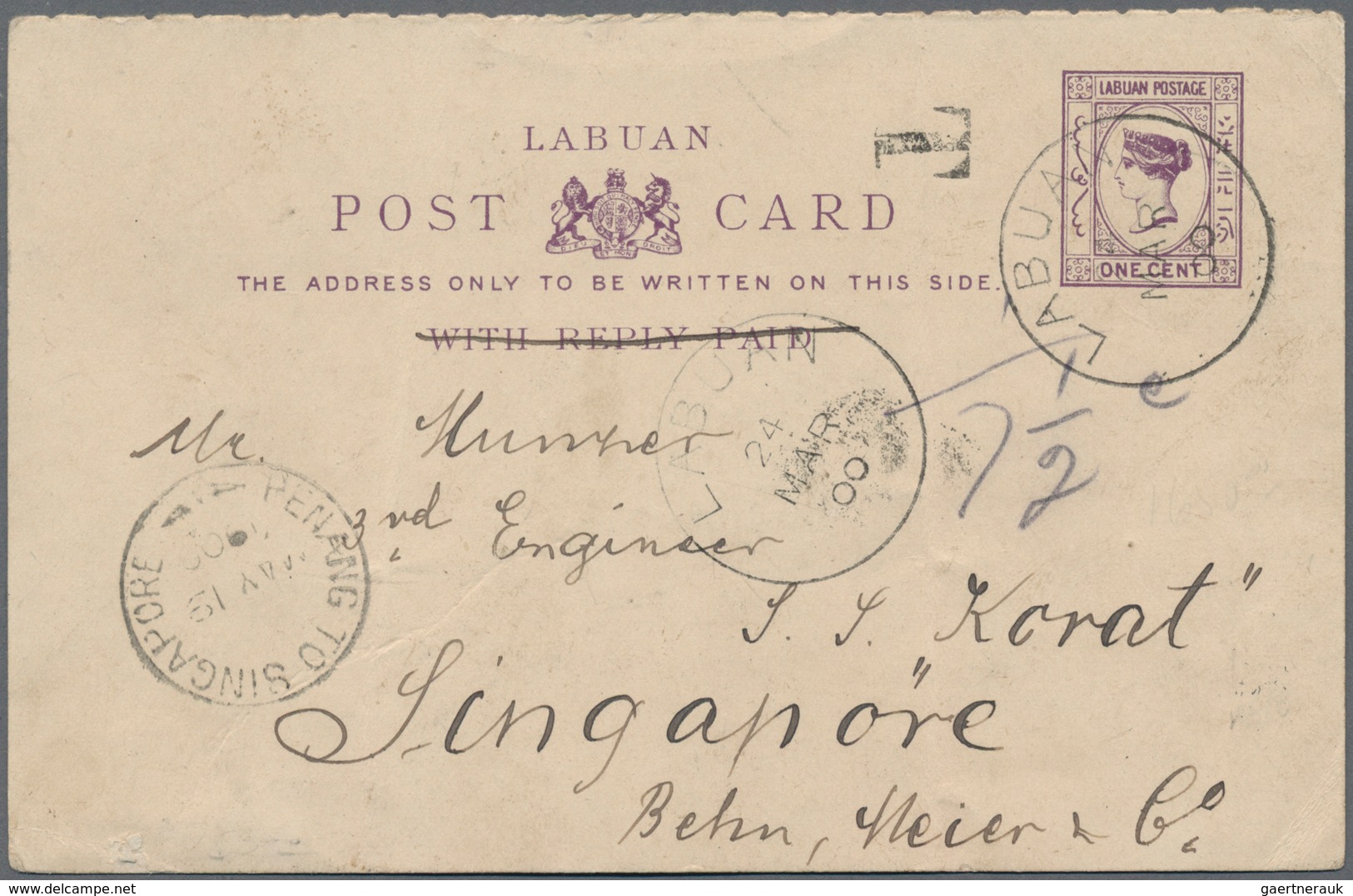 Labuan: 1900, Stationery Card QV 1 C. Violet (question Part, Text Deleted) Canc. "LABUAN 24 MAR 00" - Other & Unclassified