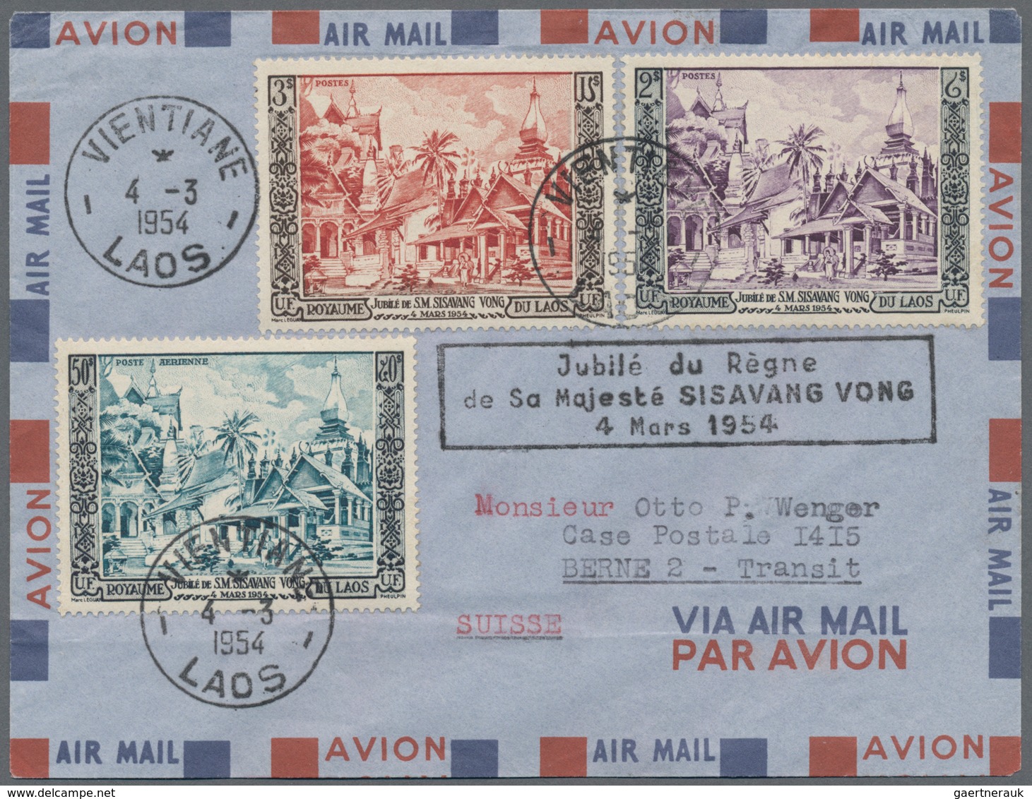 Laos: 1954, Jubilee, Complete Set On Airmail F.d.c. From "VIENTIANE 4.3.1954" To Berne/Switzerland. - Laos