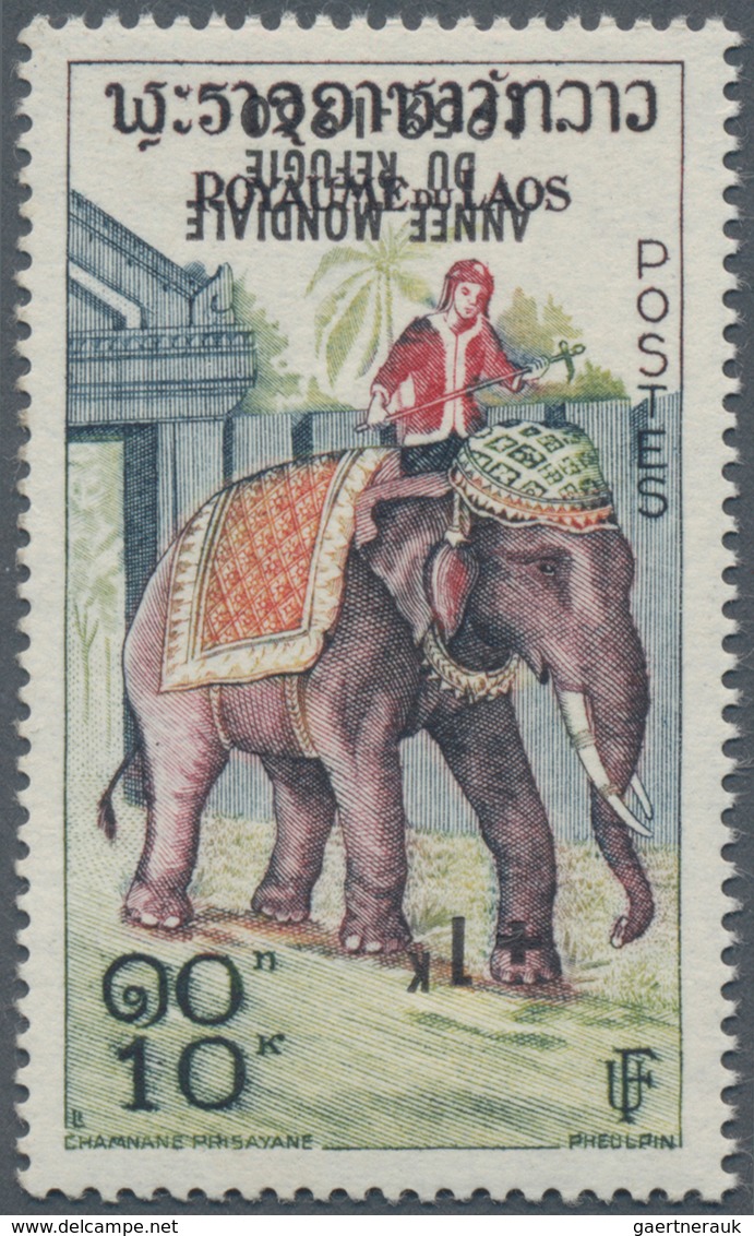 Laos: 1960, 10 K Multicolored Elephant With Inverted Overprint, Mint Never Hinged - Laos