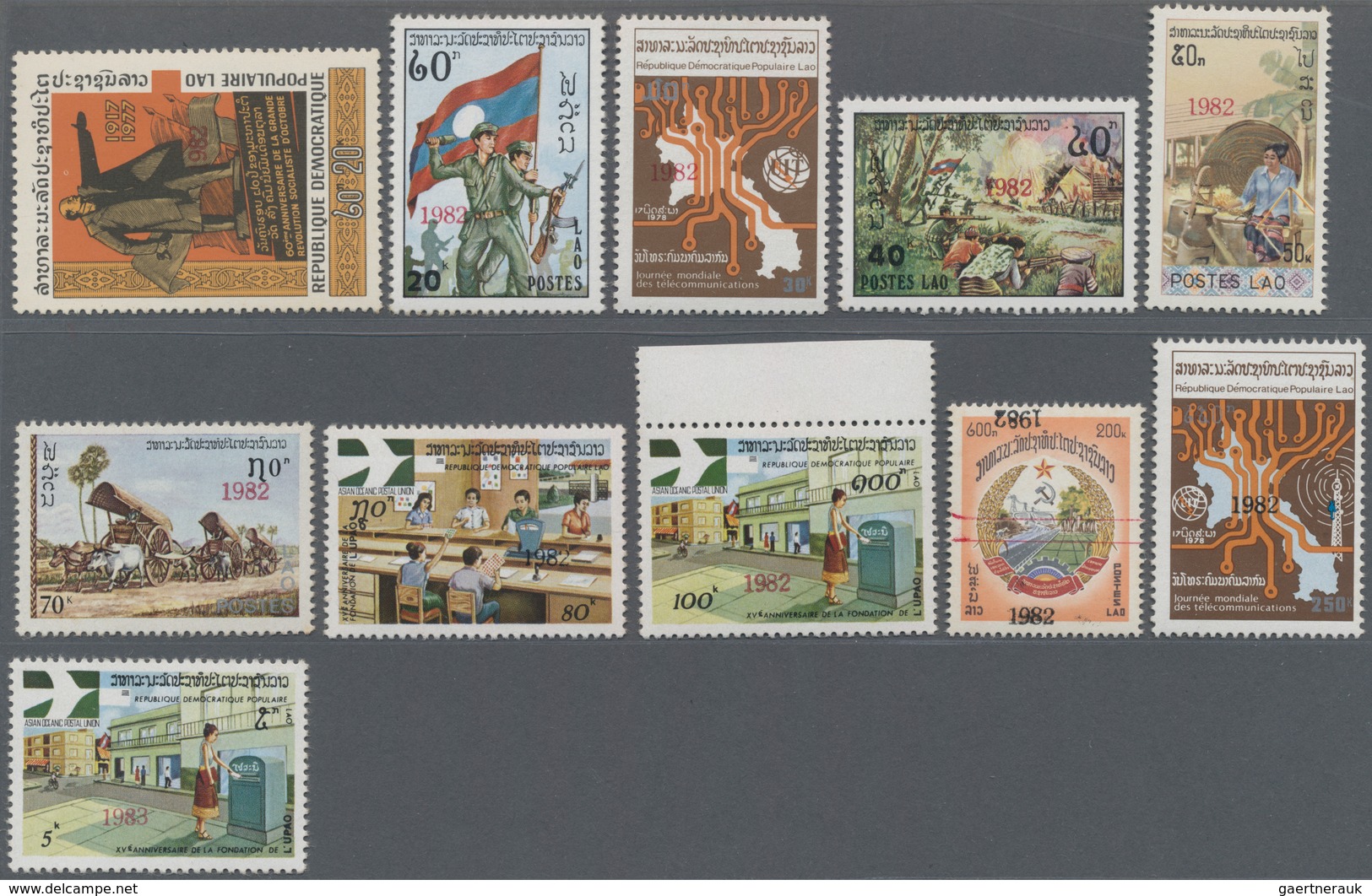 Laos: 1982, Year Date Surcharges, 1k.-250k., Complete Set Of 23 Stamps Incl. Red And Black Overprint - Laos