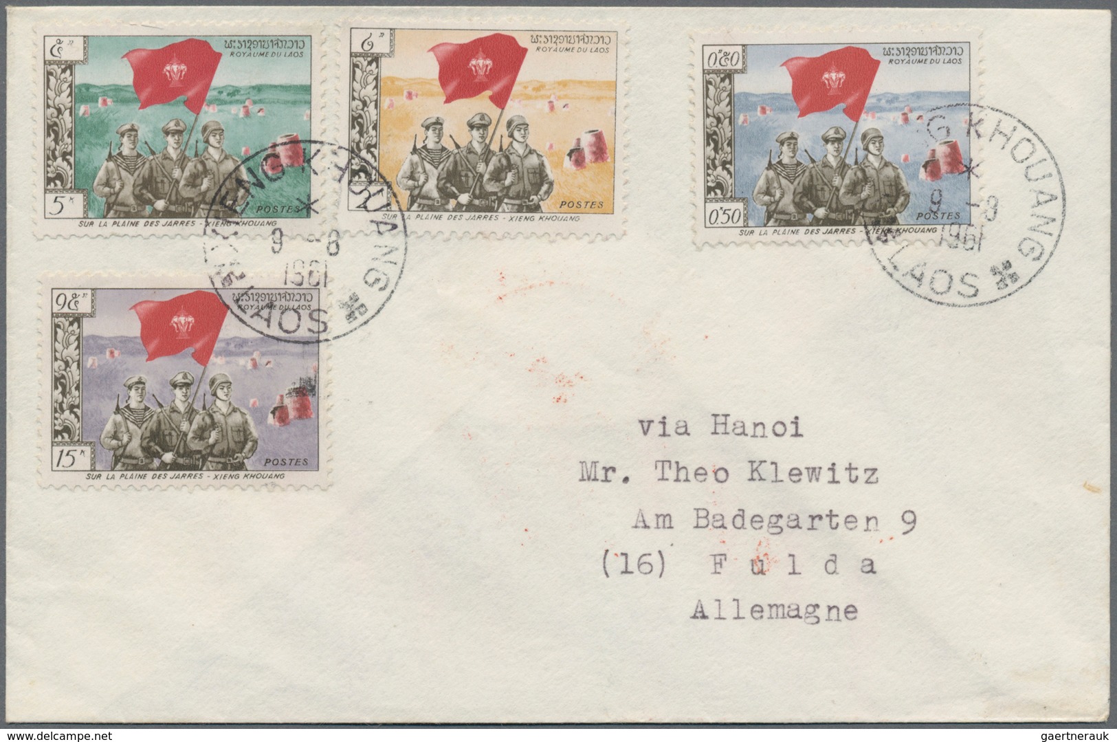 Laos - Pathet-Lao-Ausgaben: 1961, "Soldiers With Flag", Complete Set On F.d.c. From "XIENG KHOUANG 9 - Laos