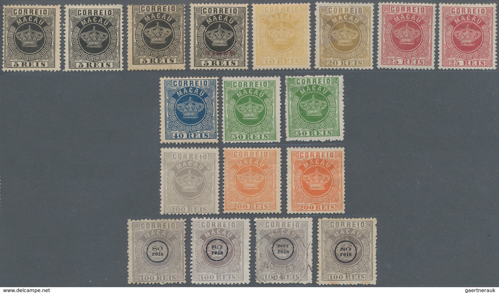 Macau: 1884, Crown Perf. 13 1/2-ex Inc. Shades, Mostly Mounted Mint: 5 R. (3, MNH, MM And NG), 5 R. - Andere & Zonder Classificatie