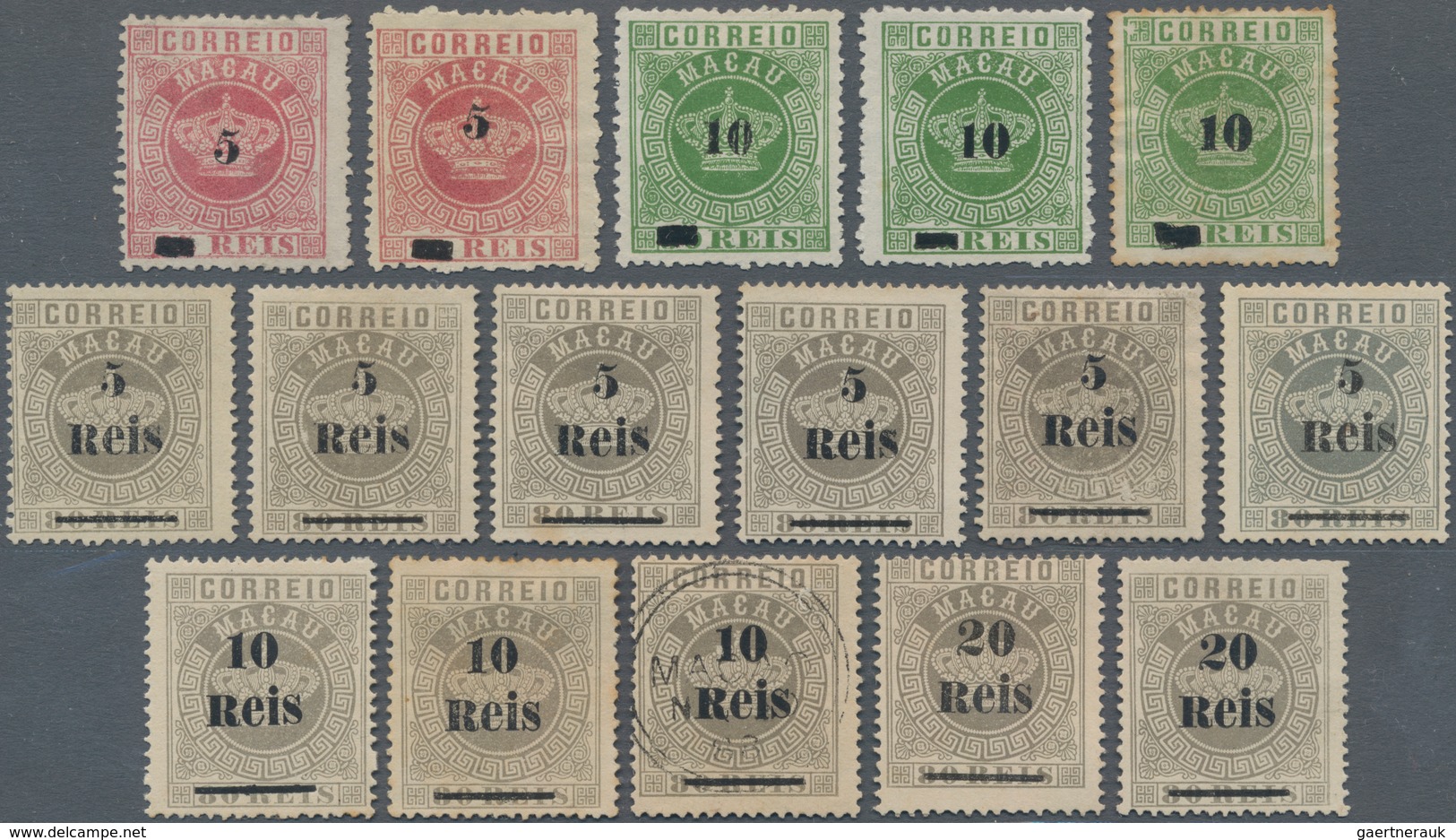 Macau: 1885 Surcharges: 5 R. (2), 10 R. (3, One Is Perf. 13 1/2); 1887 Surcharges, "e" Without Accen - Altri & Non Classificati
