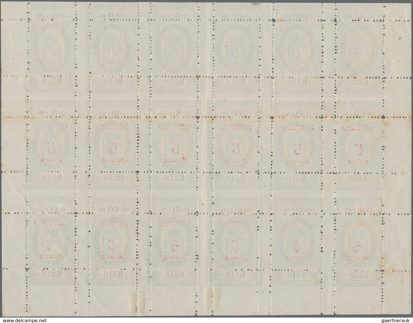 Macau: 1887, Large State Crest Surcharge With Full Margins 5 R./60, A Block Of 18 (6x3) With Margins - Andere & Zonder Classificatie