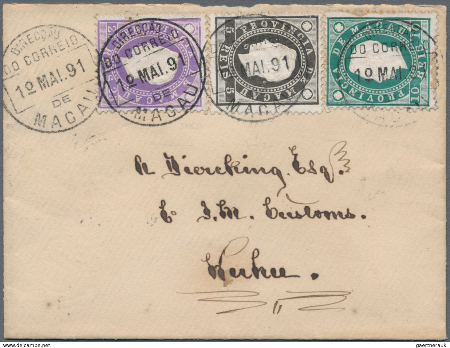 Macau: 1888, King Luis Embossed 5 R., 10 R. And 25 R. Total 40 R. Tied "MACAO 1 MAI 91" To Small Siz - Andere & Zonder Classificatie