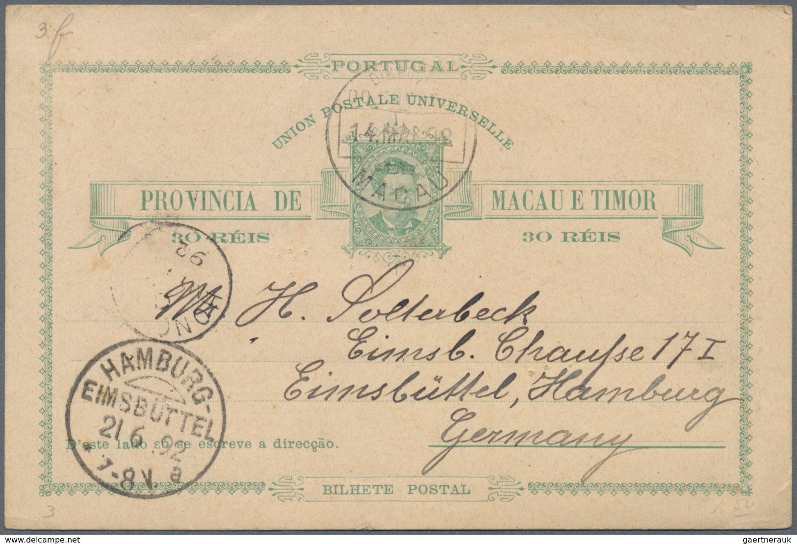Macau: 1892/1902, Stationery Card 30 R. Green (few Tiny Pinholes) Used "MACAU 14 MAR 92" To Eimsbütt - Sonstige & Ohne Zuordnung