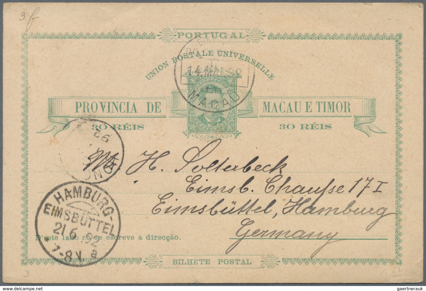 Macau: 1892/1902, Stationery Card 30 R. Green (few Tiny Pinholes) Used "MACAU 14 MAR 92" To Eimsbütt - Autres & Non Classés