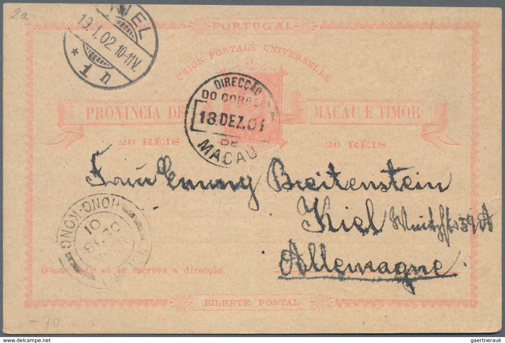 Macau: 1892/1902, Stationery Card 30 R. Green (few Tiny Pinholes) Used "MACAU 14 MAR 92" To Eimsbütt - Sonstige & Ohne Zuordnung