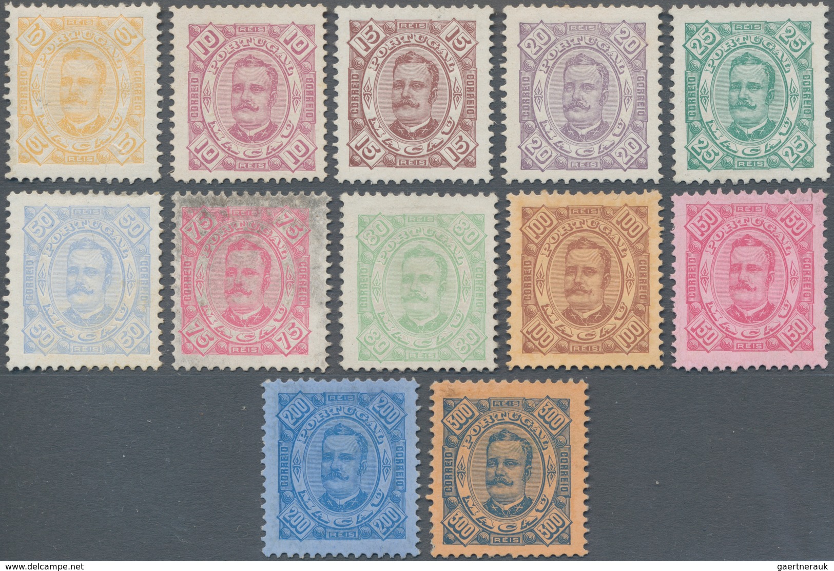 Macau: 1894, King Carlos Cpl. Set 5 R.-300 R., Unused No Gum As Issued, 75 R. Part Discoloration (Mi - Sonstige & Ohne Zuordnung