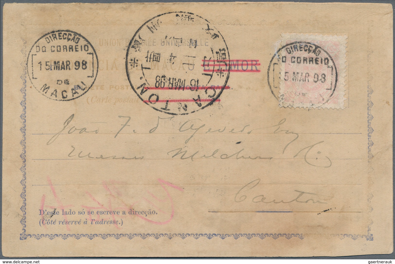 Macau: 1894, 5 R. Pale Rose, Colour Altered?, Tied "MACAU 15 MAR 98" To Card (faults) Form ("TIMOR" - Sonstige & Ohne Zuordnung