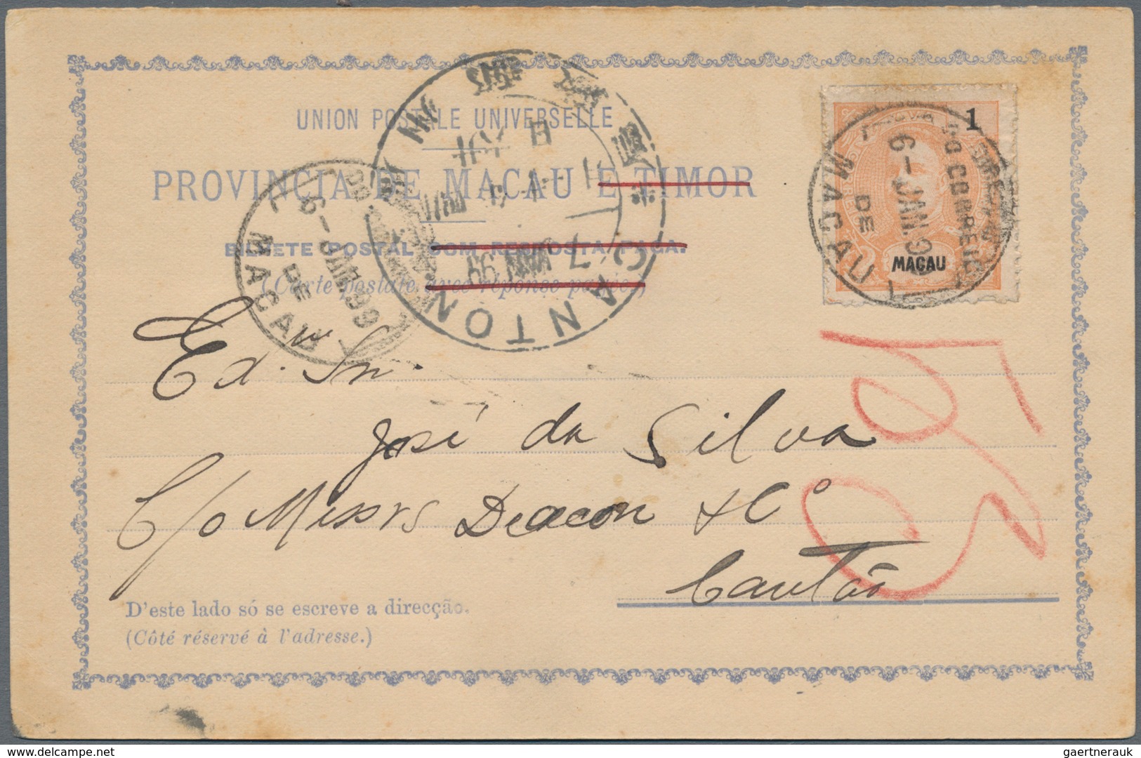 Macau: 1898, 1 Av. Salmon Tied "MACAU 6-JAN. 99" To Blue Card Form To Canton W. Arrival Large Dollar - Other & Unclassified