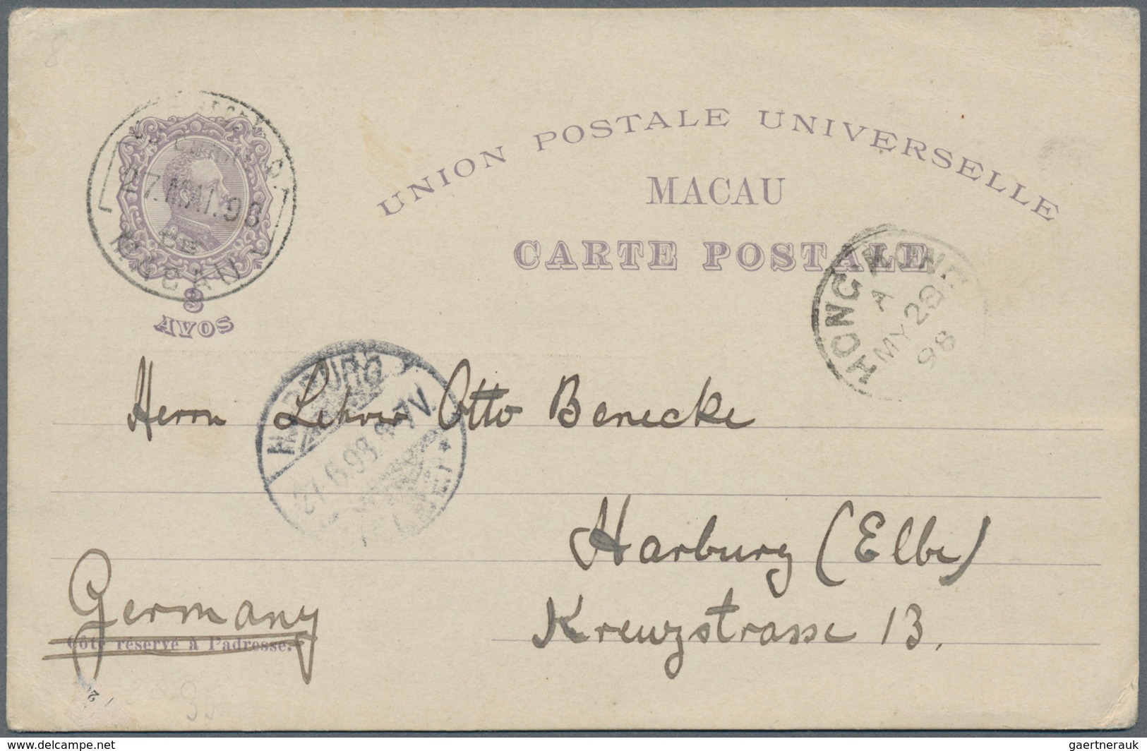 Macau: 1898, Card 3 A. Grey W. "centenario De India" Imprint On Reverse, Canc. "MACAU 27.MAI.98" Via - Andere & Zonder Classificatie