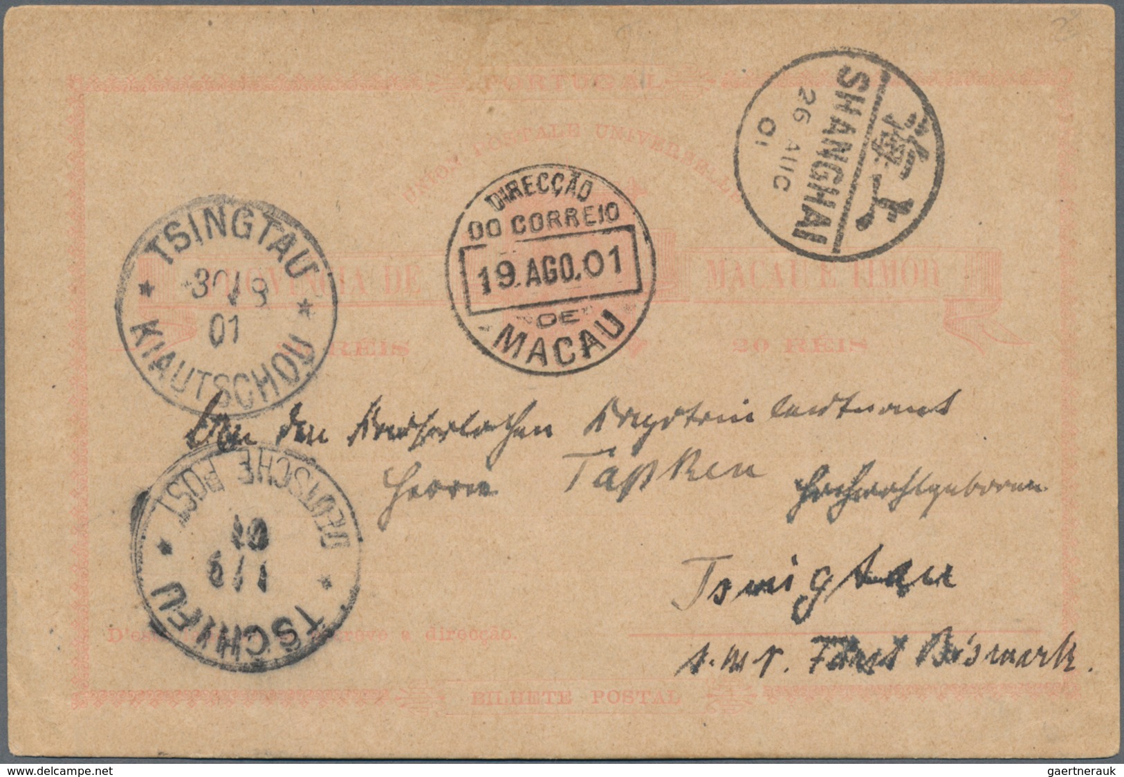 Macau: 1901, Card 30 R. Rose Canc. "MACAU 19 AGO 01" Via Hongkong, Shanghai Imperial Office And Germ - Other & Unclassified