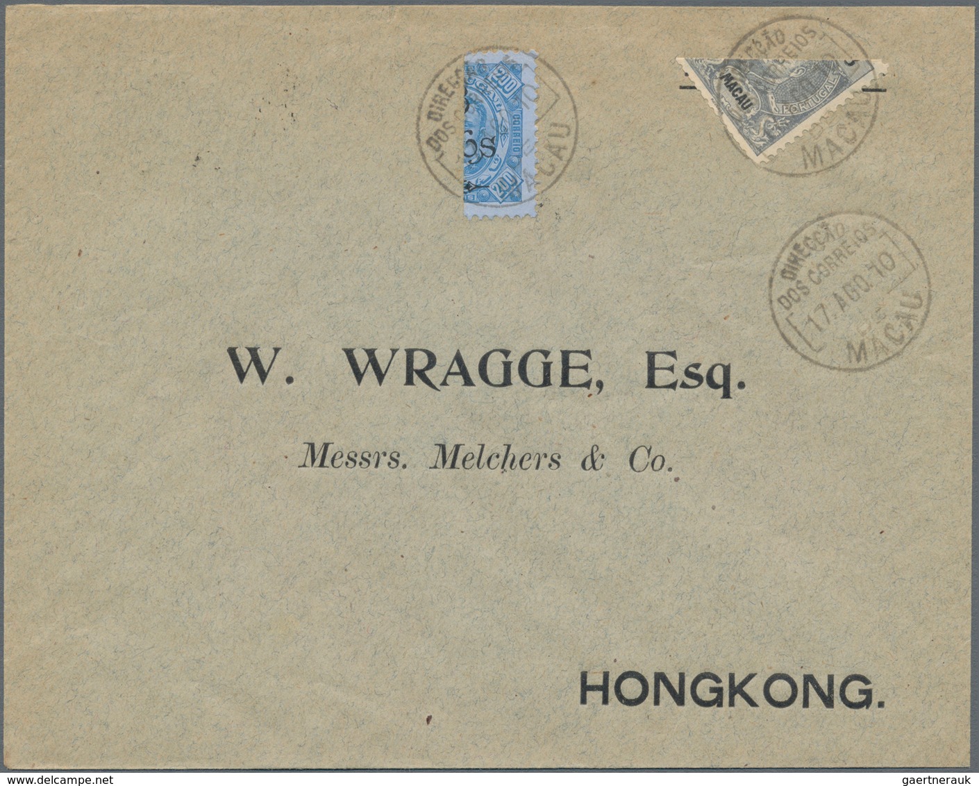 Macau: 1902/03, 6 A./200 R. Bluish On Blue And 3 A. Slate Tied "MACAU 17 AGO 10" To Cover To Hong Ko - Sonstige & Ohne Zuordnung