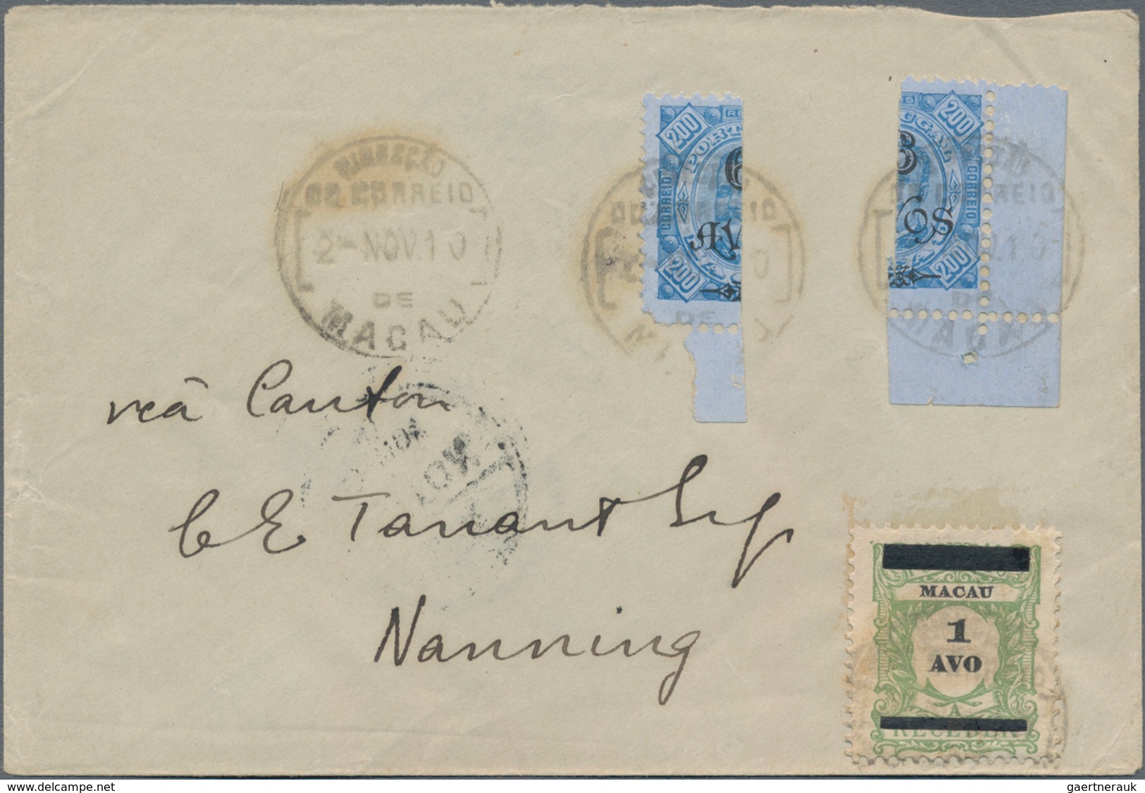 Macau: 1902/10, Bisects: 6 A./200 R. Bluish On Blue (2 Inc. Corner Margin Copy) And 1 A. On Due Stam - Andere & Zonder Classificatie