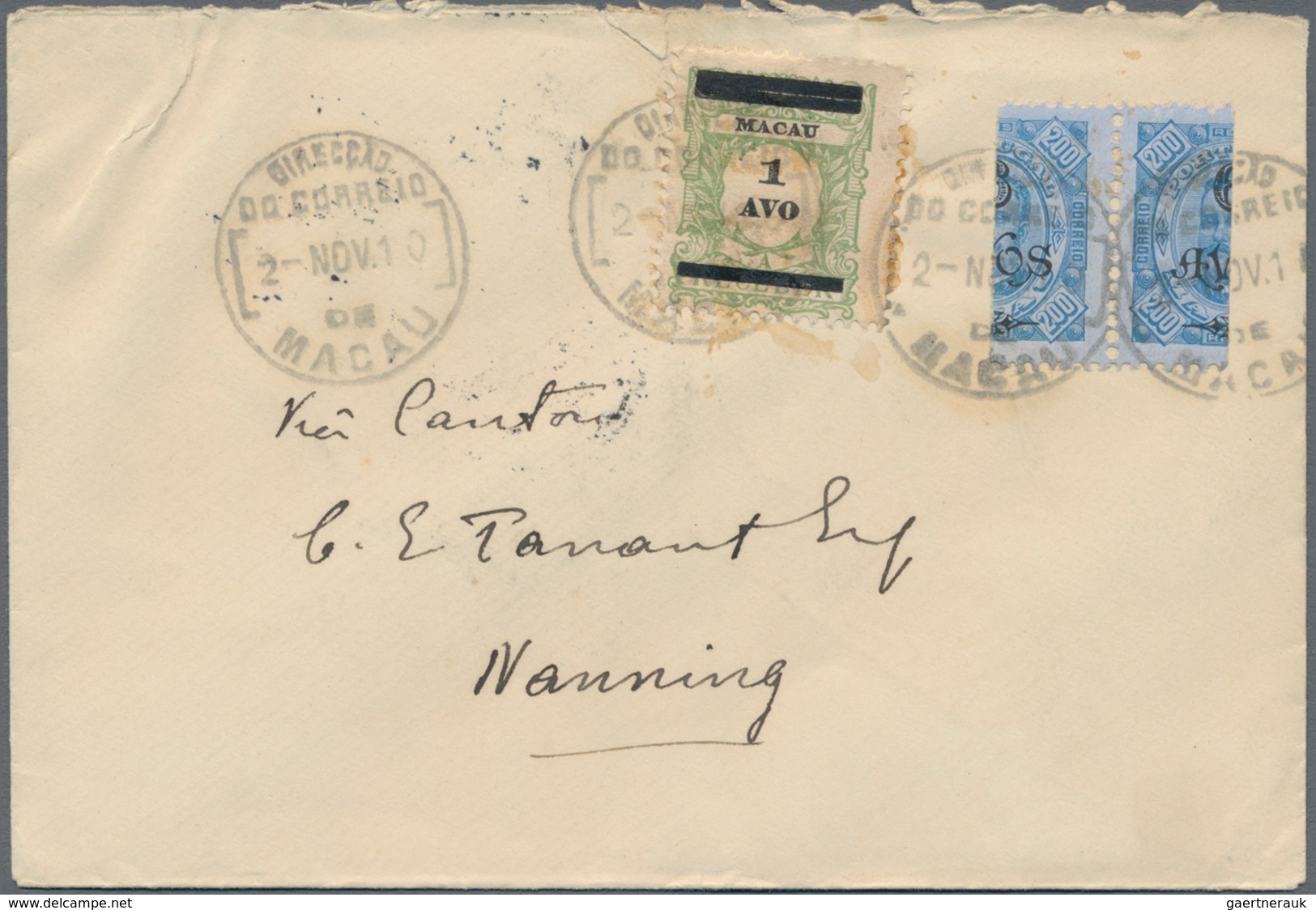 Macau: 1902/10, Bisects: 6 A./200 R. Bluish On Blue (pair) And 1 A. On Due Stamp Tied "MACAU 2-NOV 1 - Sonstige & Ohne Zuordnung