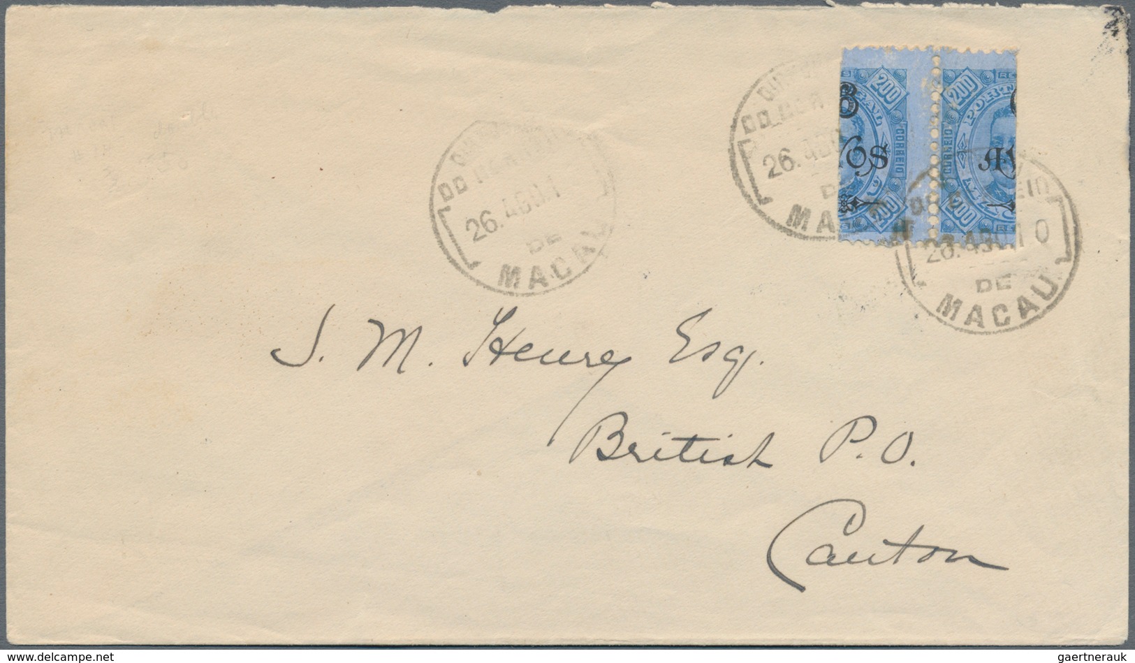 Macau: 1902, Bisects: 6 A./200 R. Bluish On Blue, A Horizontal Bisect Pair Tied "MCAU 20 AGO 10" To - Sonstige & Ohne Zuordnung