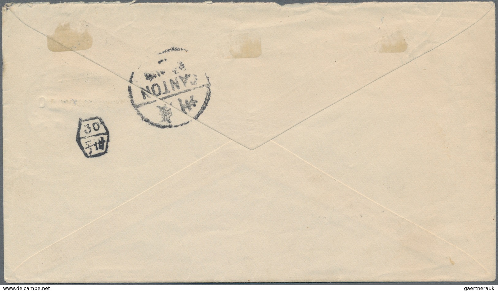 Macau: 1902, Bisects: 6 A./200 R. Bluish On Blue, A Horizontal Bisect Pair Tied "MCAU 20 AGO 10" To - Other & Unclassified