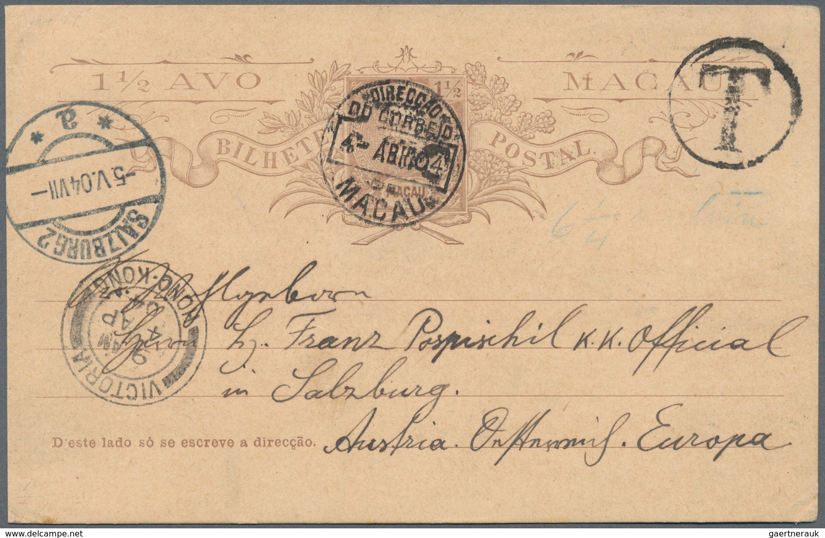 Macau: 1904, Stationery Card 1 1/2 A. Canc. "MACAU 4 ABR 04" To Salzburg/Austria, Large Circular Fra - Sonstige & Ohne Zuordnung